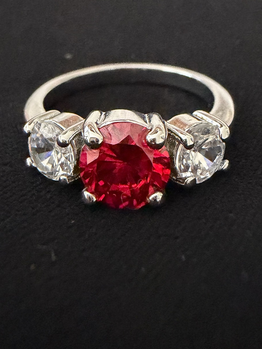 Silver Three-Stone Ring with Red Center Stone